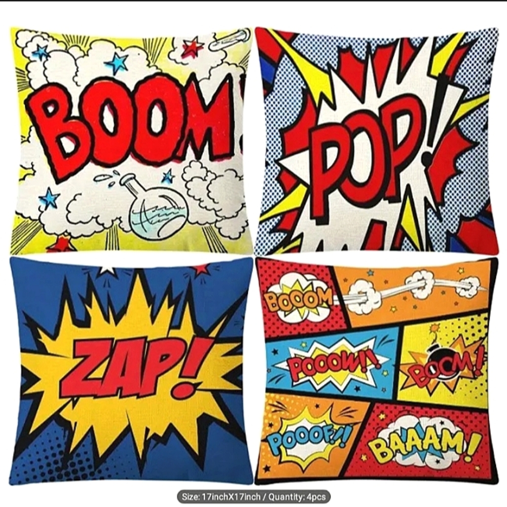 New Home Deco Linen Blend Set of 4 Cartoon Art Fun Retro Pillowcases - Picture 1 of 7